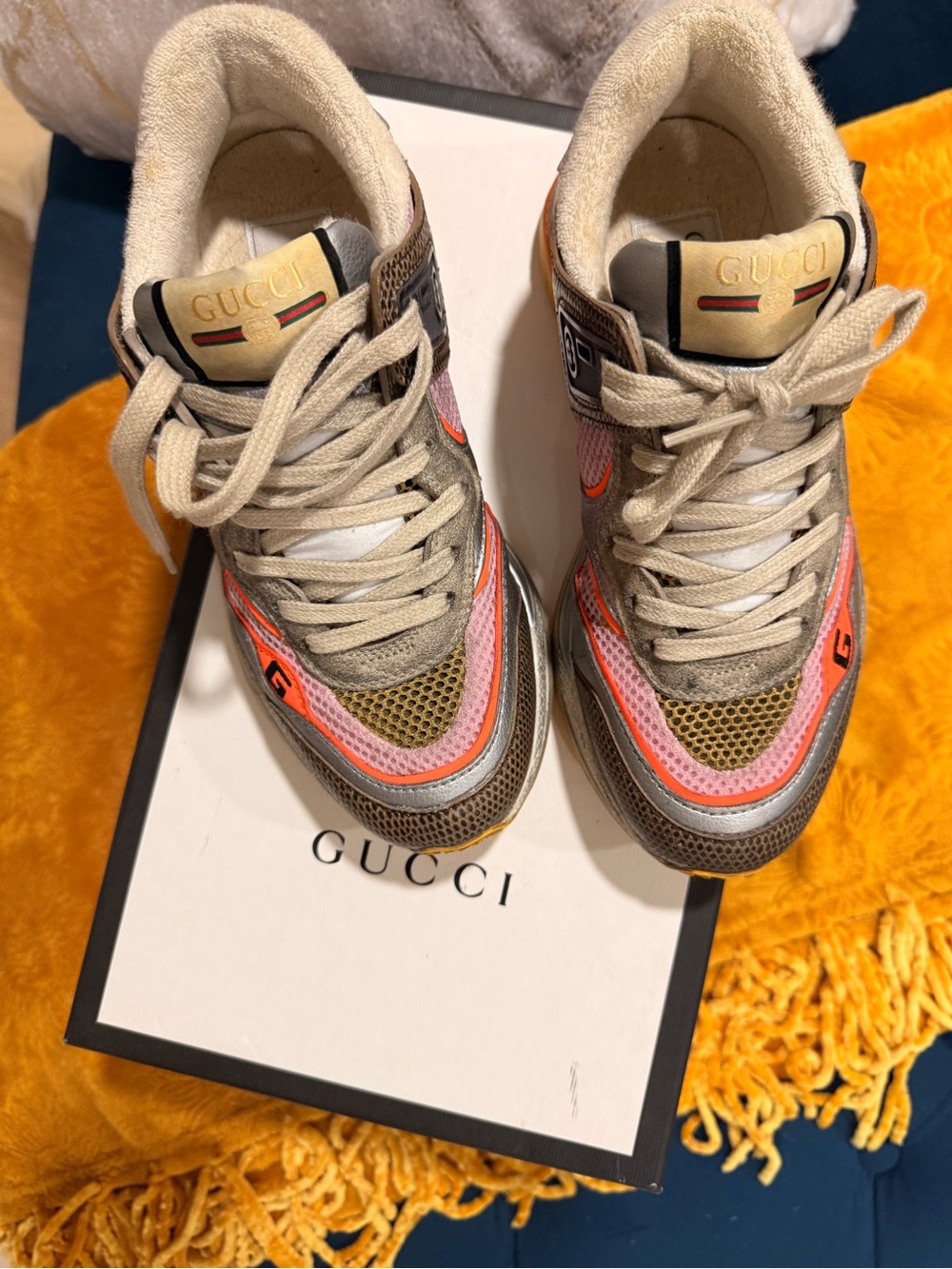Gucci Beige Pink Orange Mixed-Media Lace-Up Sneakers